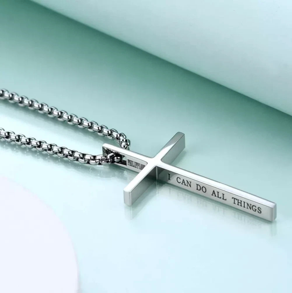 Men Women Cross Necklace Stainless Steel Christian STRENGTH Pendant Chain 24″