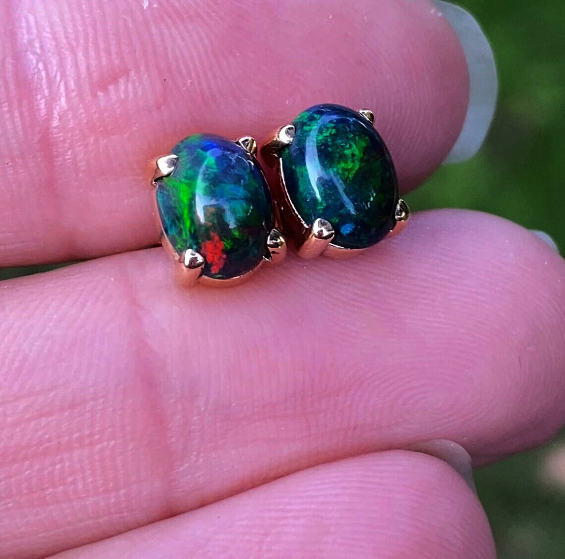 Genuine Black Opal Cabochon Gemstone 925 Sterling Silver Women Stud Earrings