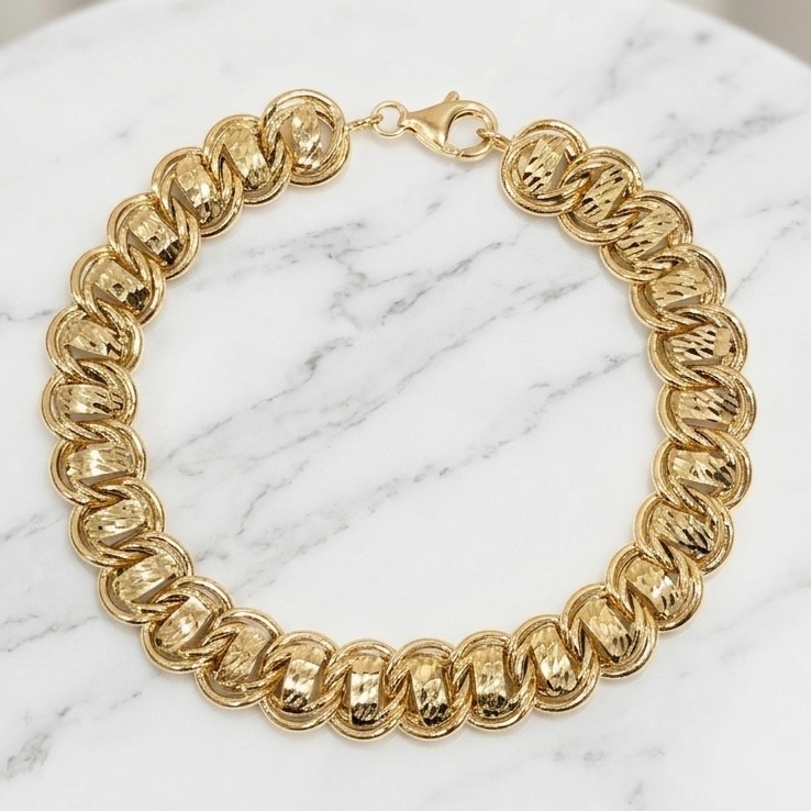 14K Yellow Gold Diamond Cut Railroad Bracelet Double Curb Link 6.75″ – 8″ QVC