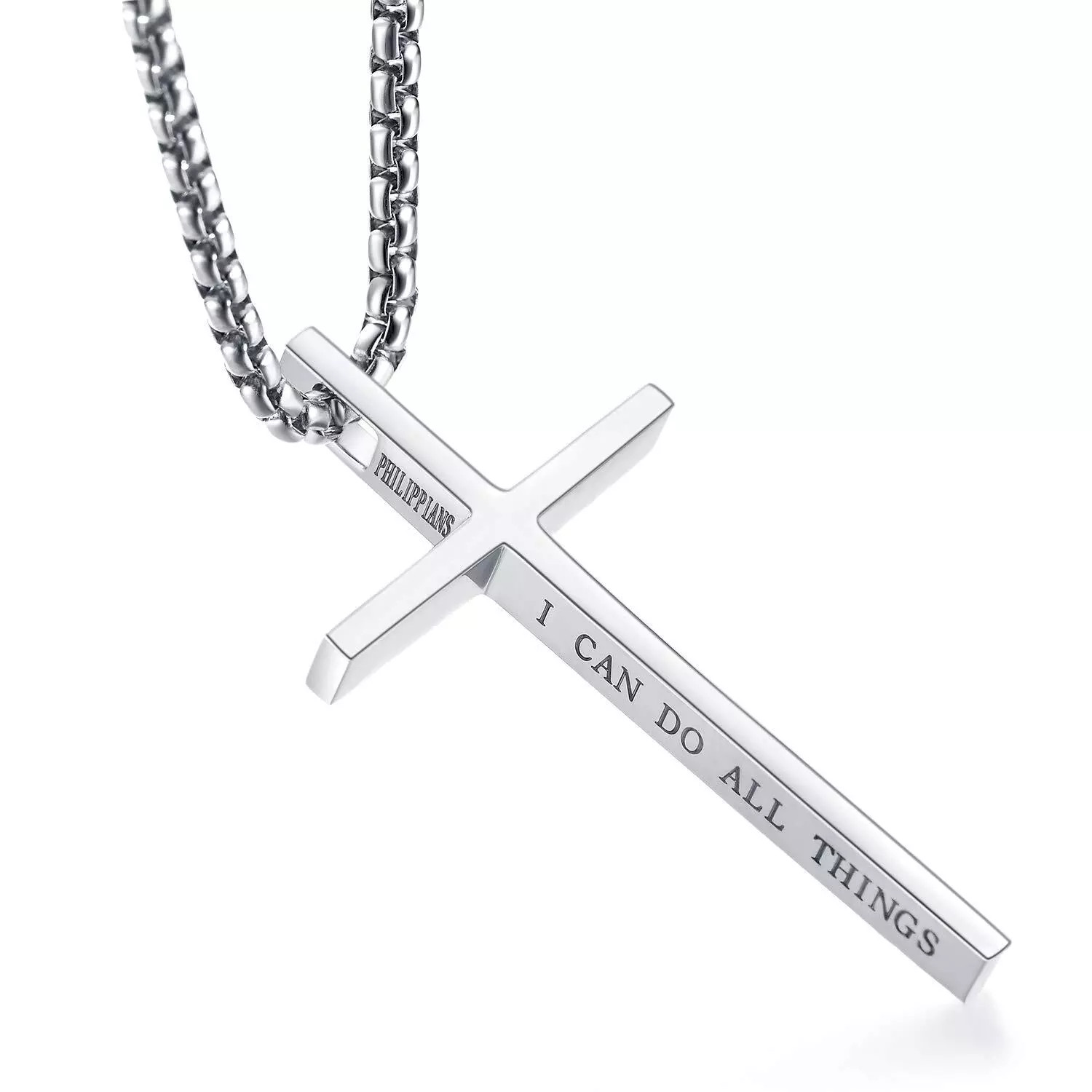 Men Women Cross Necklace Stainless Steel Christian STRENGTH Pendant Chain 24″