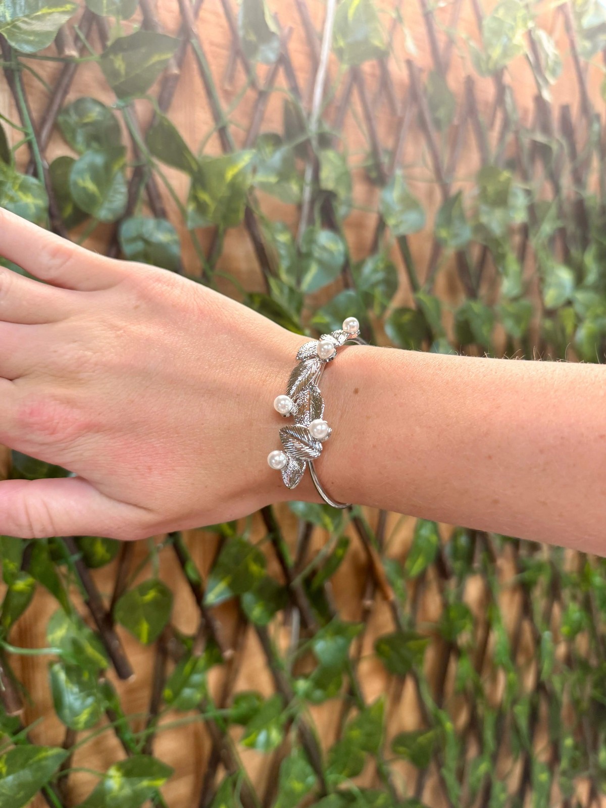 Everyday Wear Leaf Shape Metal Cuff Bracelet With Pearl