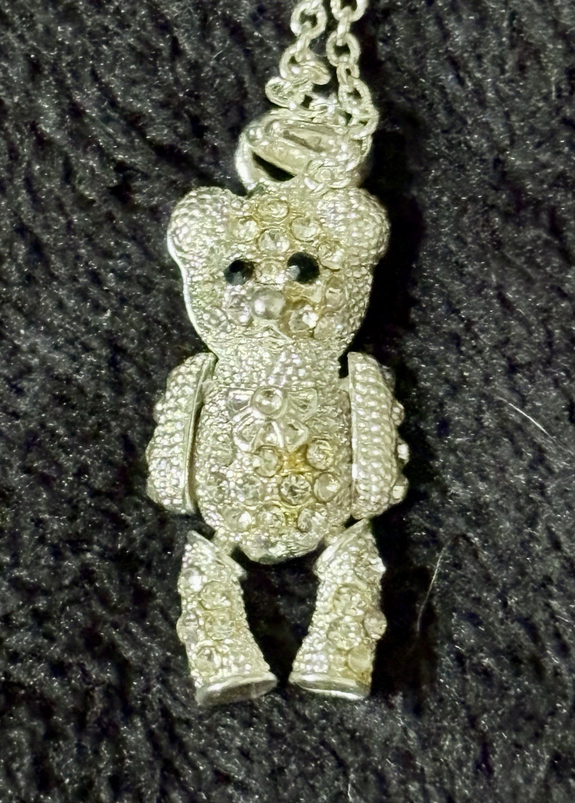 Silver Tone Rhinestone Crystal Teddy Bear Charm Pendant Necklace
