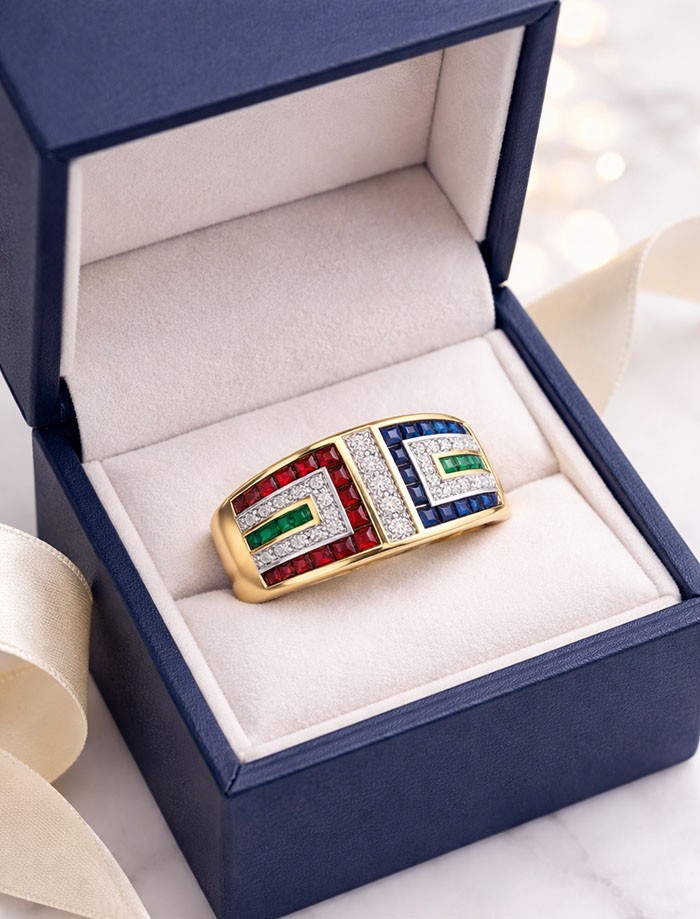GENUINE RUBY, BLUE SAPPHIRE, EMERALD & DIAMONDS RING 14K YELLOW GOLD