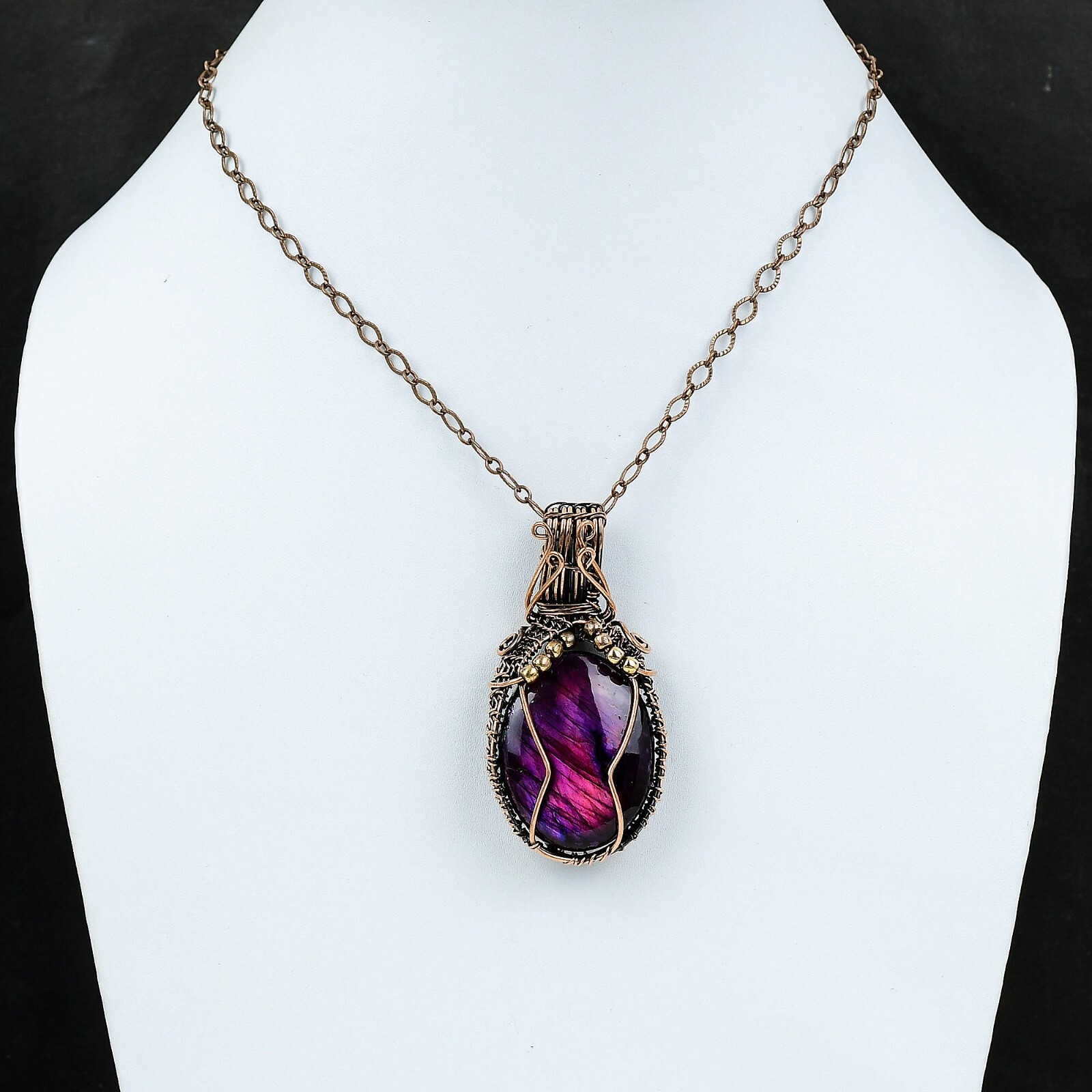 Pink & Purple Fire Labradorite Copper Gift For Love Wire Wrapped Pendant 2.56″