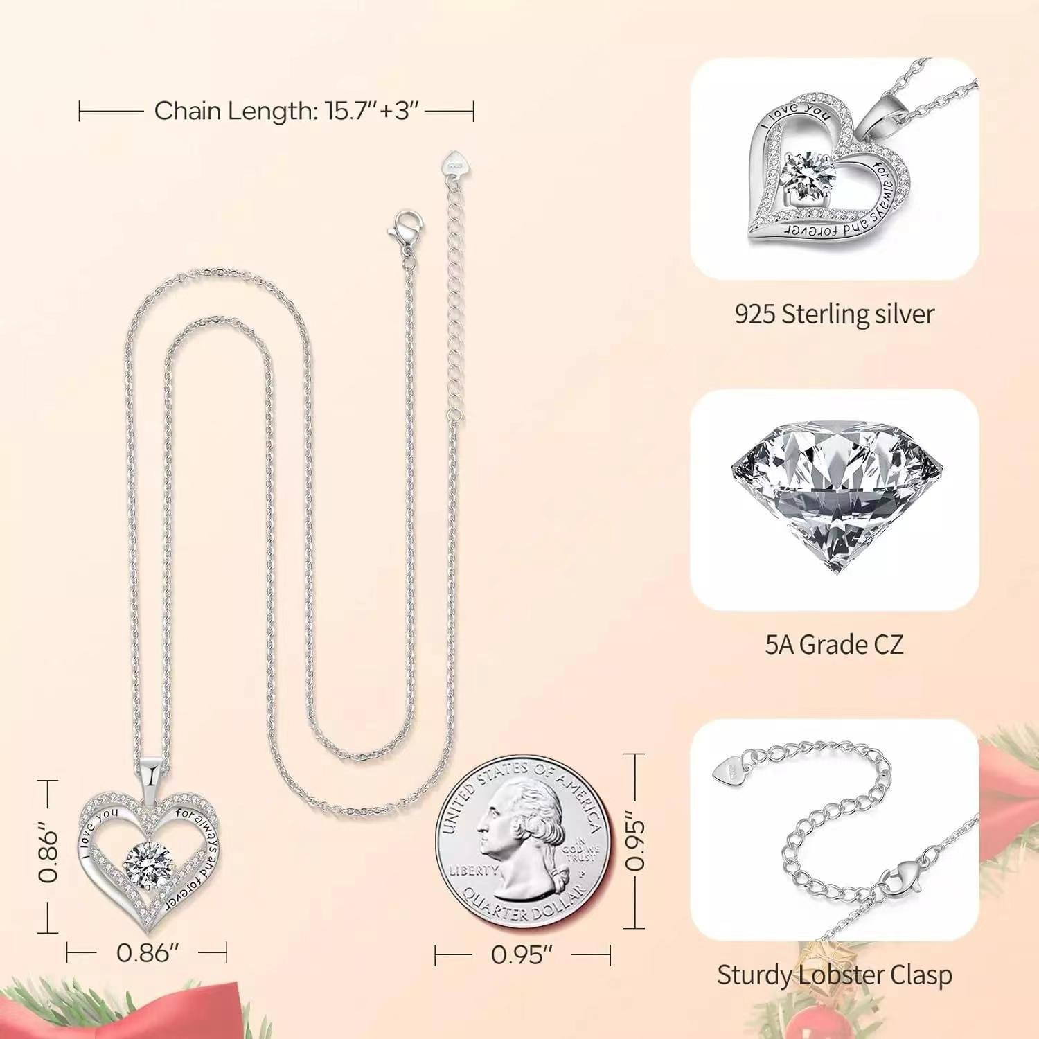 925 Sterling Silver CZ Birthstone Heart Pendant Necklace Forever Love Gift