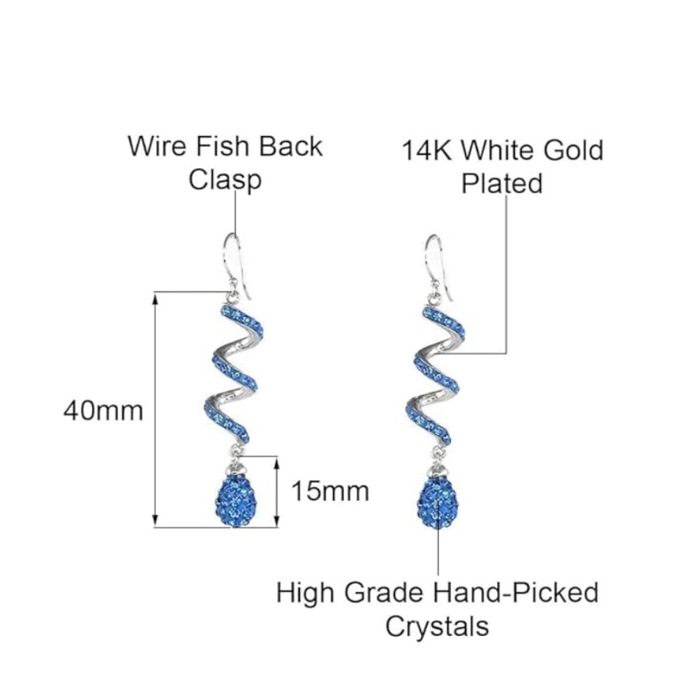 14K White Gold Plated Light Blue Spiral Shape Crystal Drop Dangle Hook Earrings