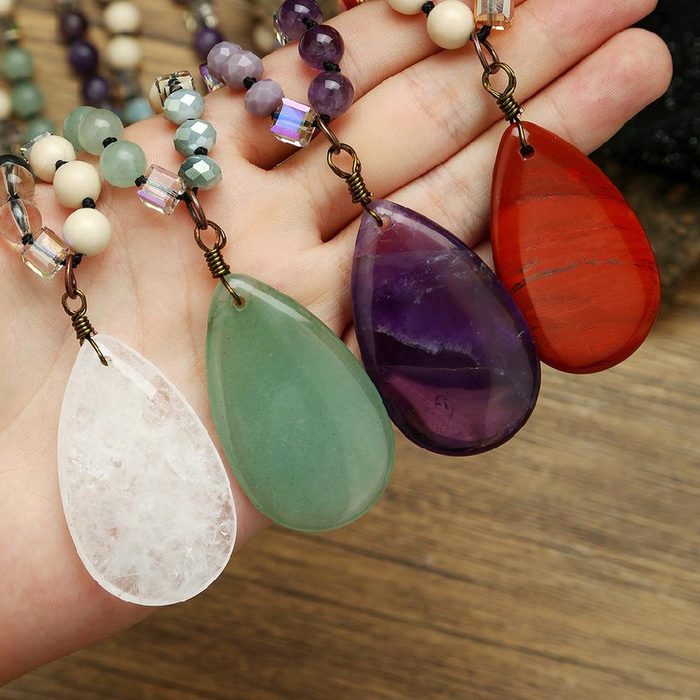 Pendant Necklace Glass Crystal Teardrop Round Beaded Quartz Jasper Amethyst N95