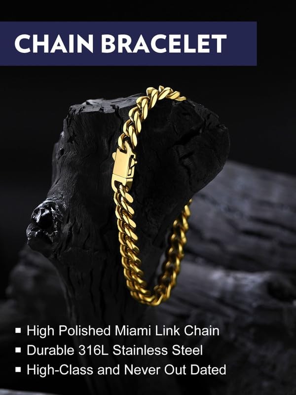 Men’s Miami Cuban Link Bracelet 7mm Gold Plated Stainless 9in
