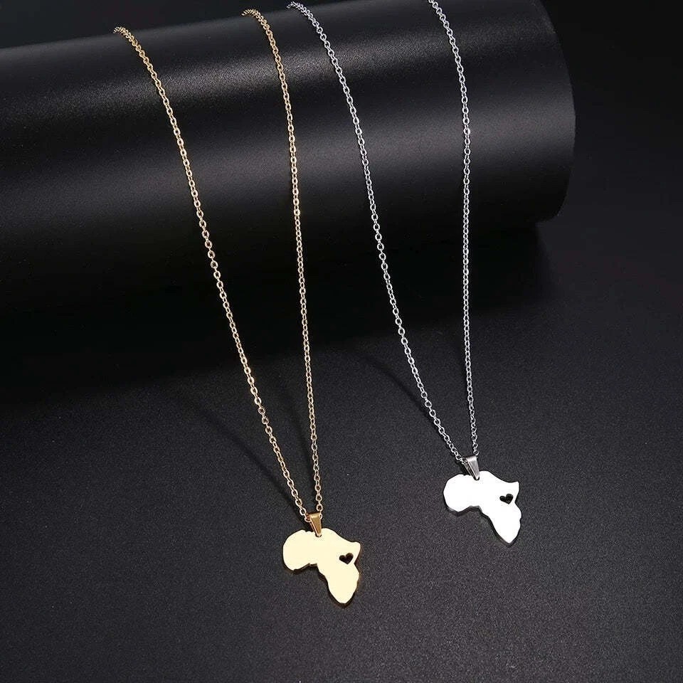 Africa Map Necklace Heart Pendant Jewelry for Women Men Gift, Stainless Steel