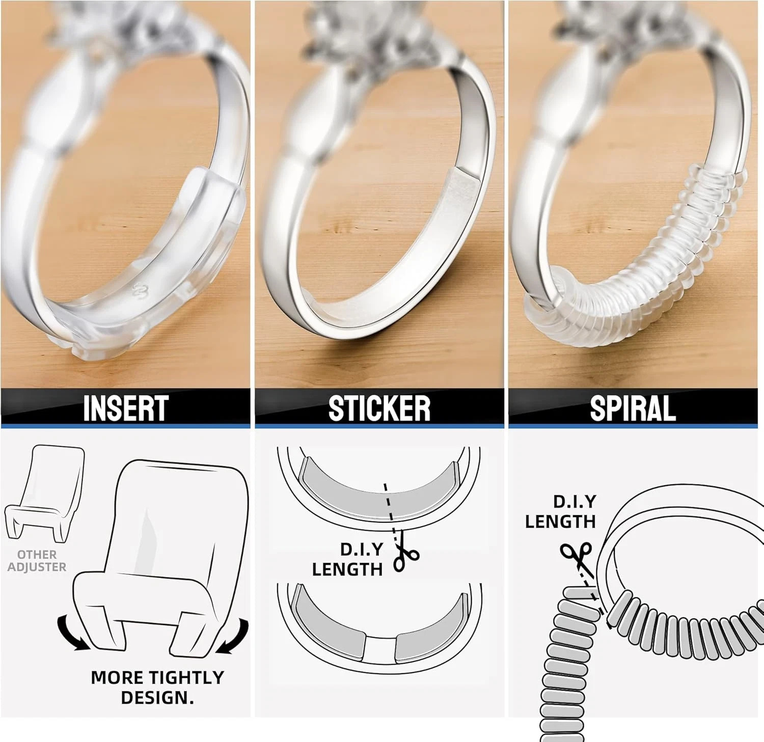 Ring Sizer Adjuster for Loose Rings, 64-Piece Set with 3 Types (Spiral Coils, Ri