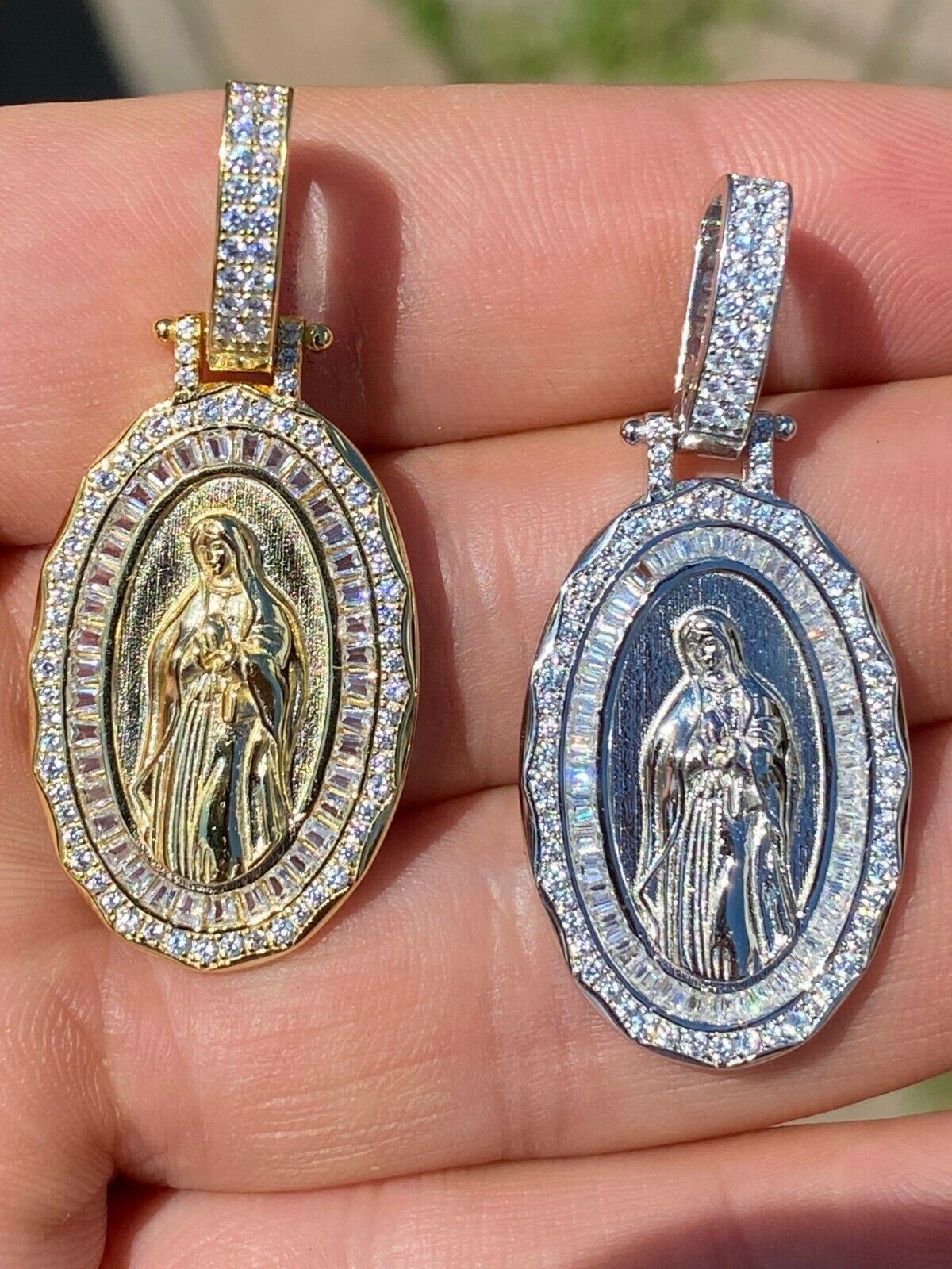 925 Sterling Silver Virgin Mary Necklace Pendant CZ Medallion Icy Chain Baguette
