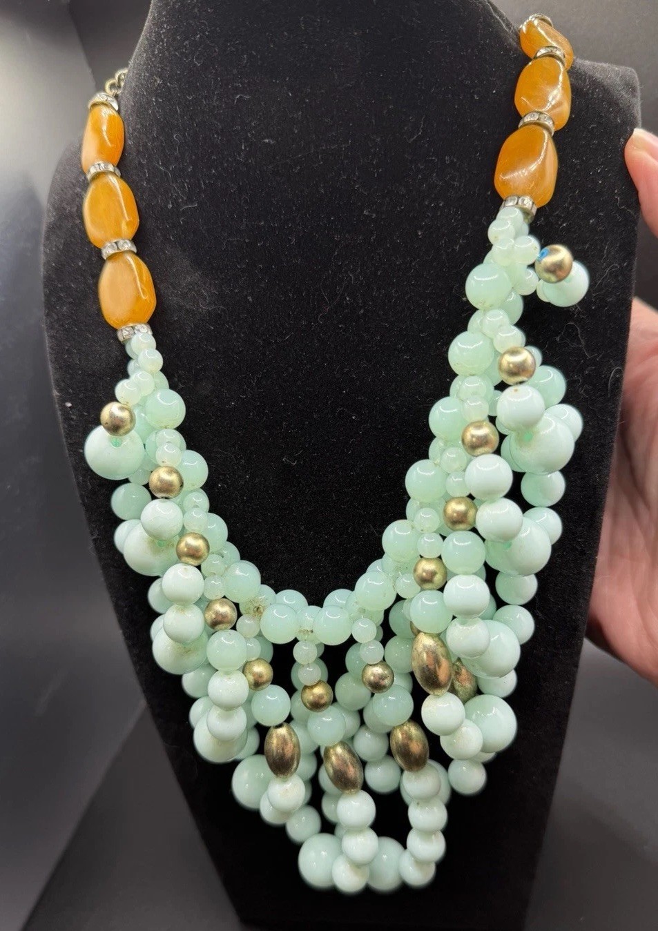 Anthropologie Mint Green Orange Beaded Bib Statement Necklace Gold Tone