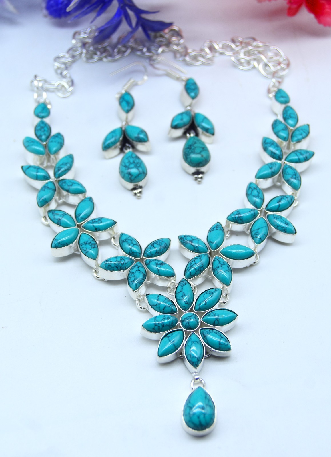 Turquoise Gemstone Handmade 925 Sterling Silver Necklace and Earring Set S-ADJ