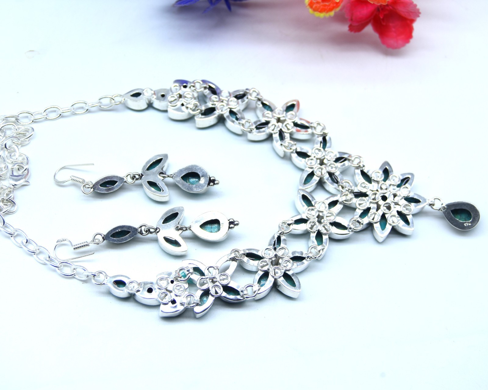 Turquoise Gemstone Handmade 925 Sterling Silver Necklace and Earring Set S-ADJ
