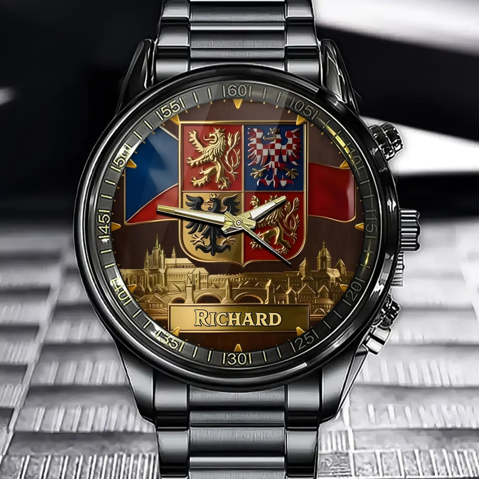 Personalized Czech Republic Heraldic Watch – Custom Engraved Name & National Coa