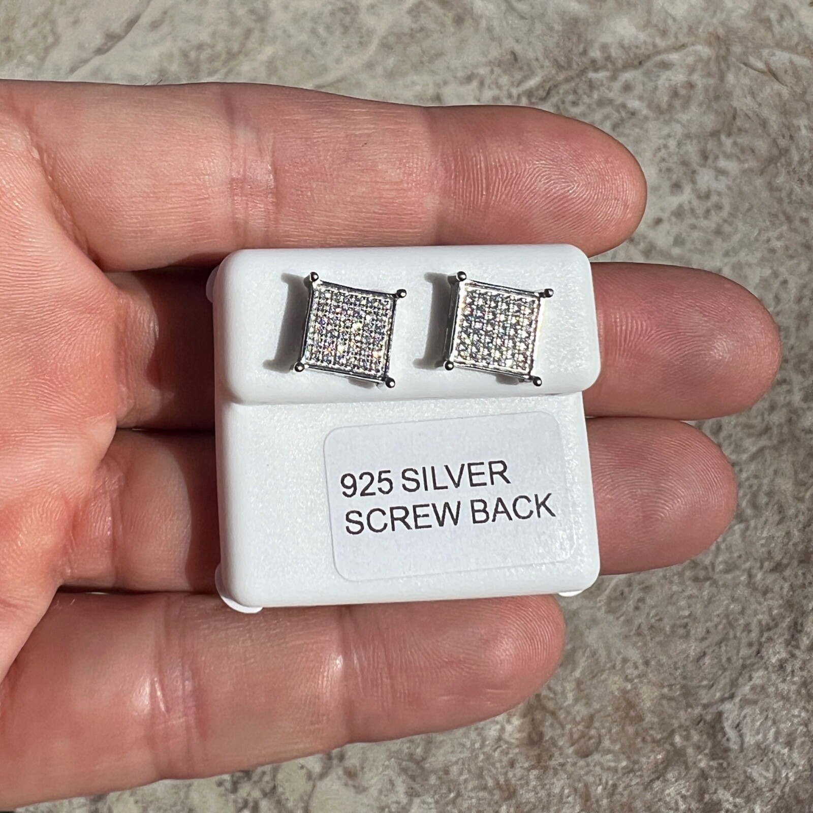 Real Solid 925 Silver Square Micro Pave CZ Iced Bling Out Hip Hop Earrings 9.5mm