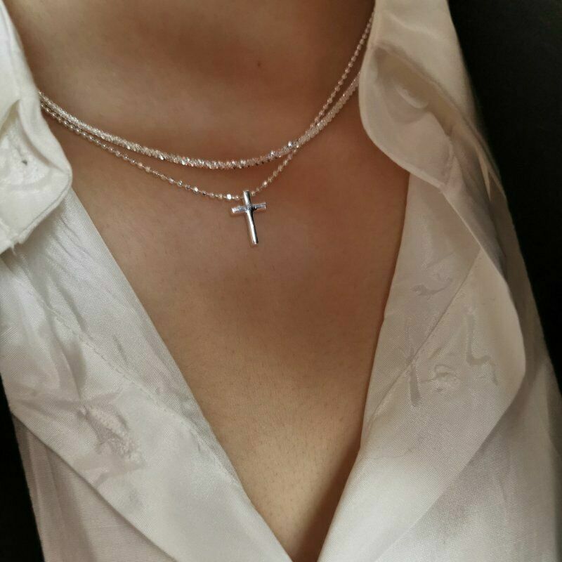 EPIC VAULT-Charm 925 Silver Corss Gypsophila Sparkling Necklace Clavicle