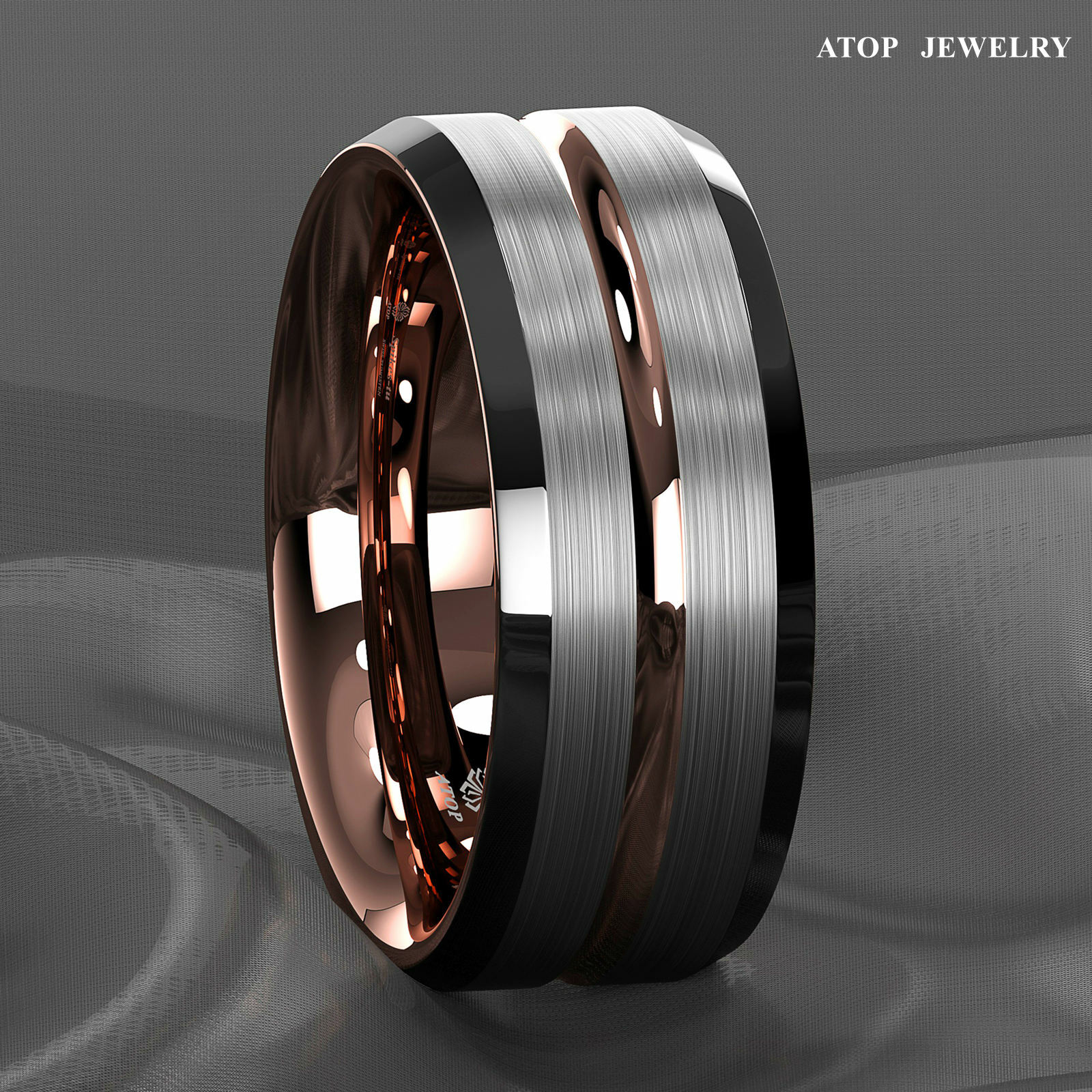 8/6Mm Silver Brushed Plated Metal Rose Gold ATOP Men Tungsten Wedding Band Ring