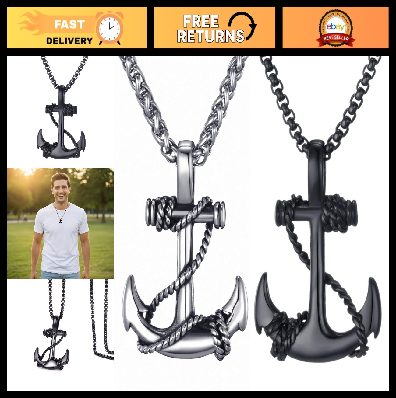 Men’s Vintage Nautical Anchor Necklace, Stainless Steel Pendant with 24″ Chain