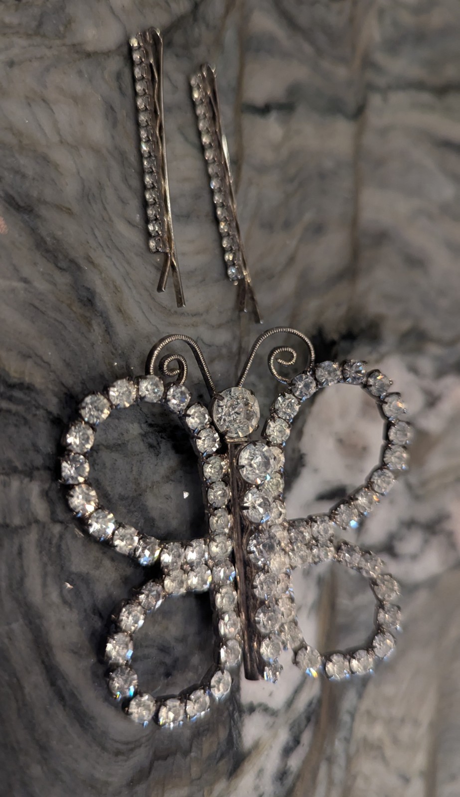 Antique Butterfly Brooch w Removable Hairpins Foil Back Strass Paste…
