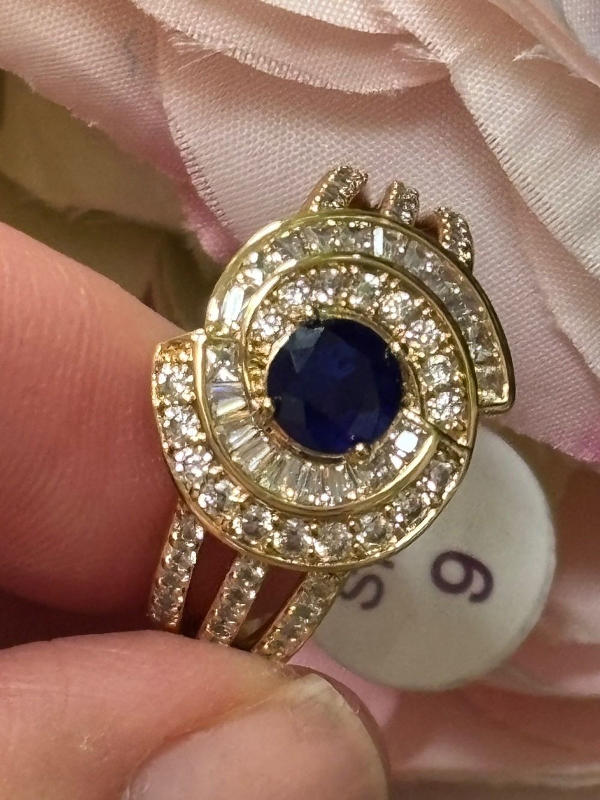 Bomb Party Gold and Blue Sapphire Halo Cocktail Ring – Size 9