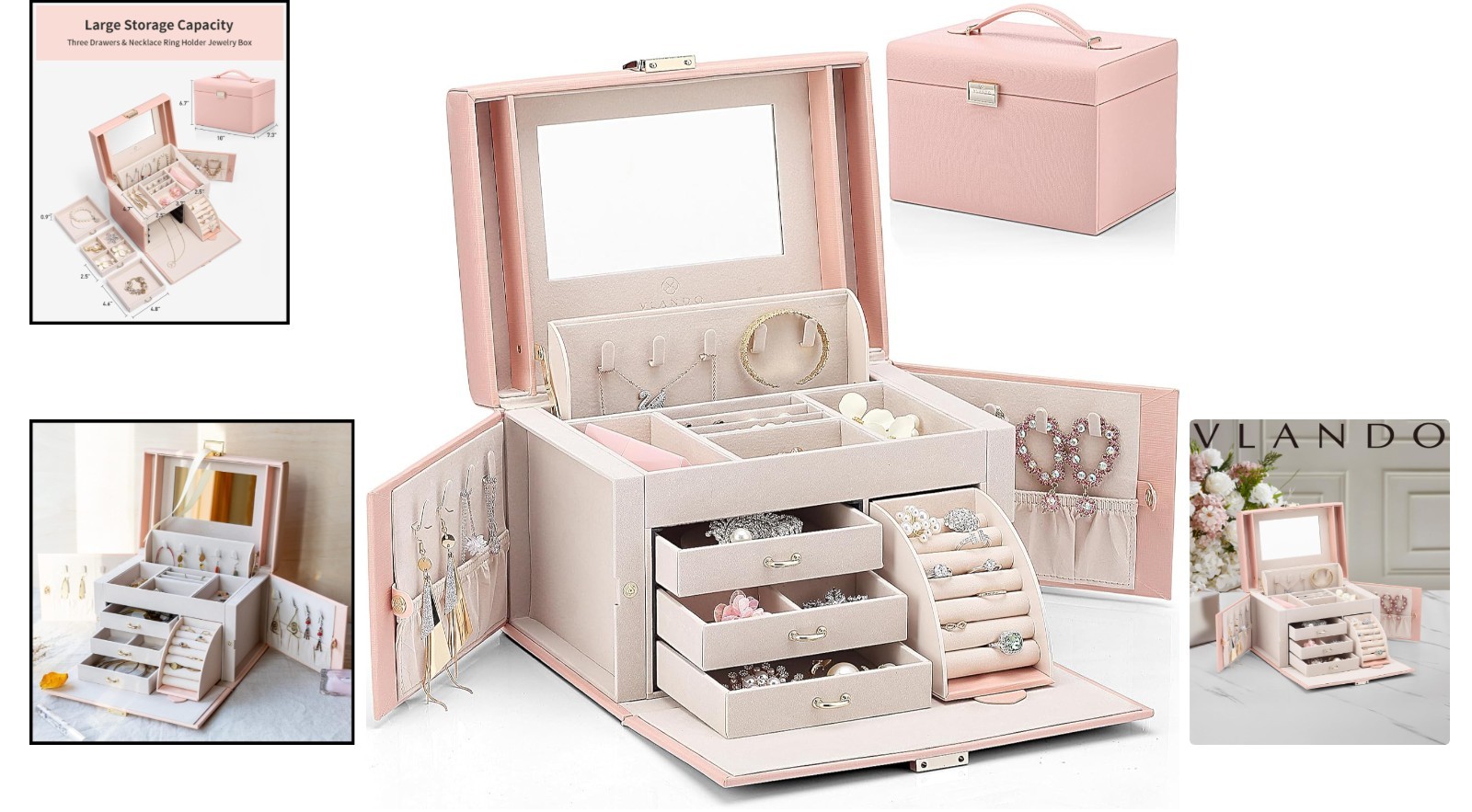 Stunning Pink Jewelry Organizer with Mirror and 3 Drawers – for Elegant Storage