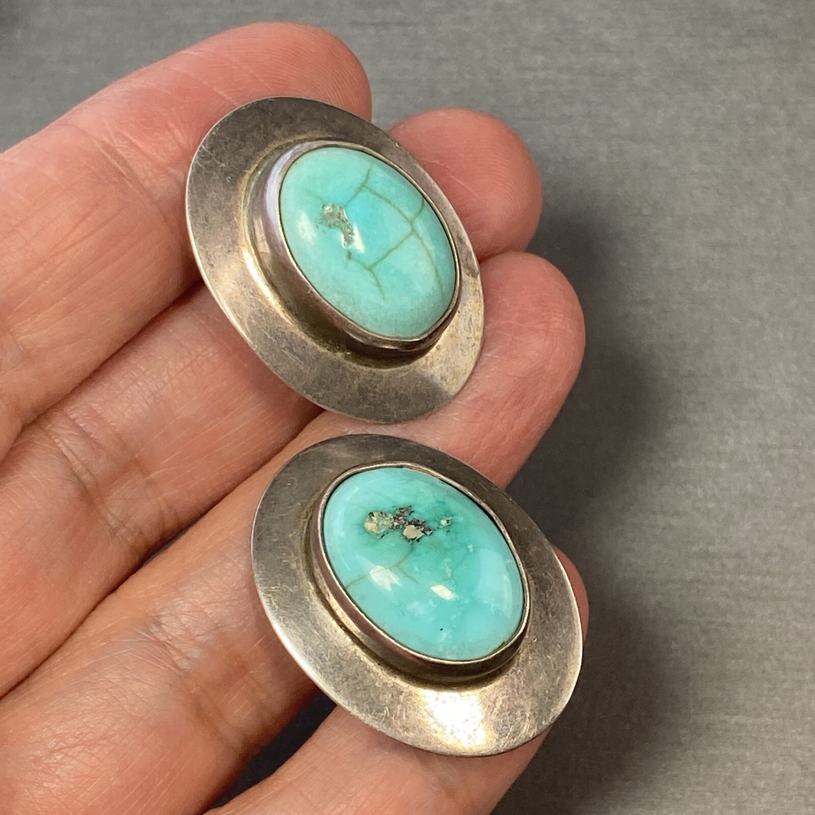 Vintage Modernist Clip-On Earrings Turquoire Sterling Estate Fine Jewelry PreOwn