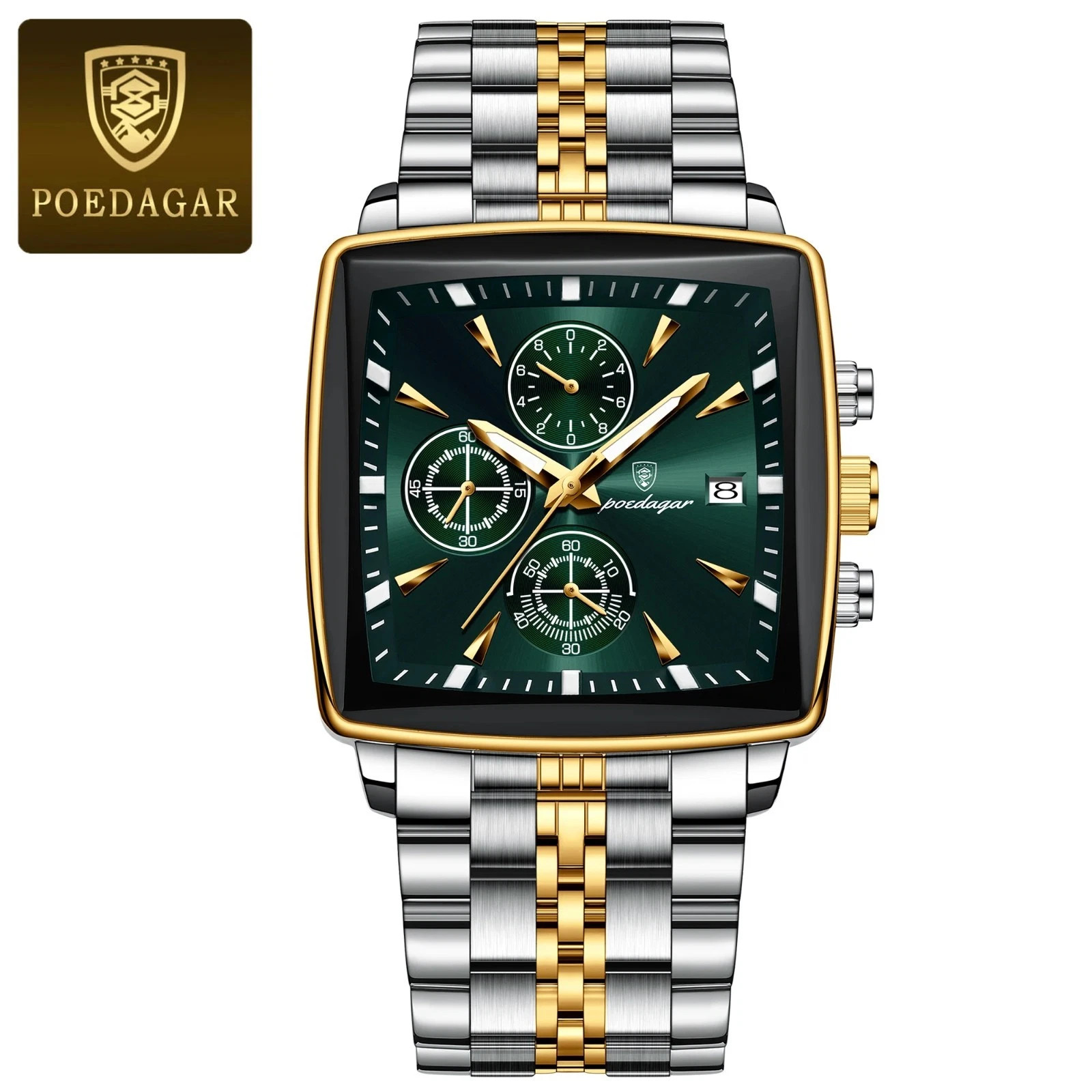 Luxury Men’s Watch Square Stainless Steel Waterproof Luminous Chrono