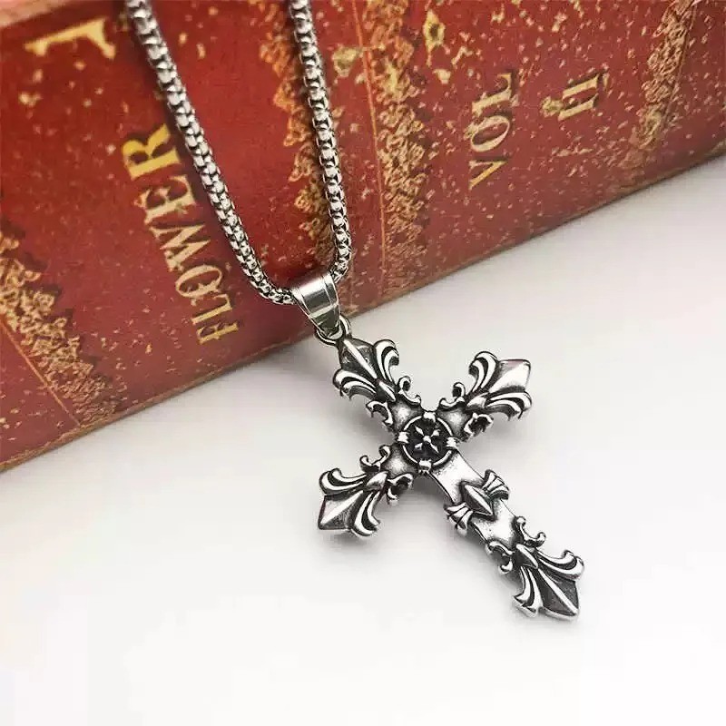 Mens Stainless Steel Cross Necklace Bracelet Set Vintage Silver Jewelry