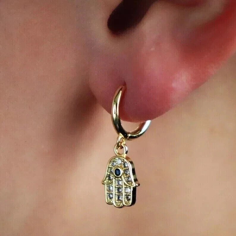 Drop Humsa Hand Earrings 14k Yellow Gold Plated 2Ct Round Cut Simulated Diamond