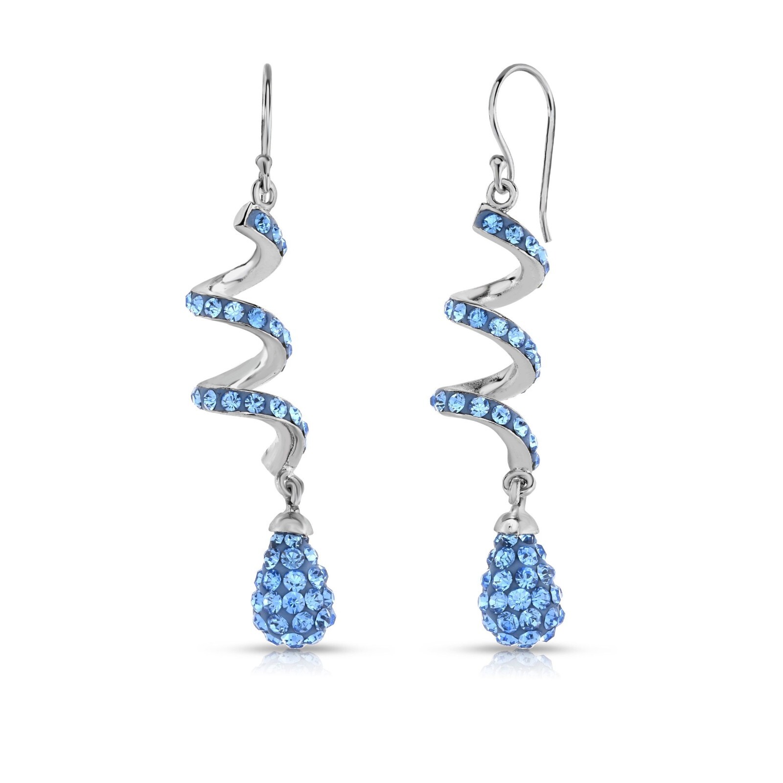 14K White Gold Plated Light Blue Spiral Shape Crystal Drop Dangle Hook Earrings
