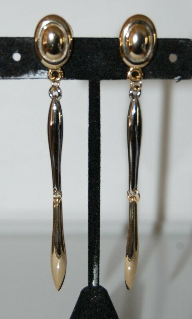 Elegant Vtg 80 Couture Silver & Gold Toned Metal Modern Style Drop Post Earrings