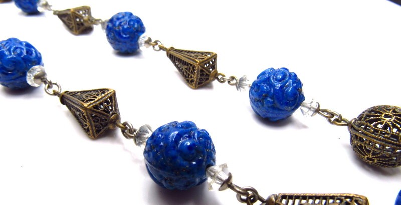 Art Deco Neiger Carved Lapis Glass Necklace