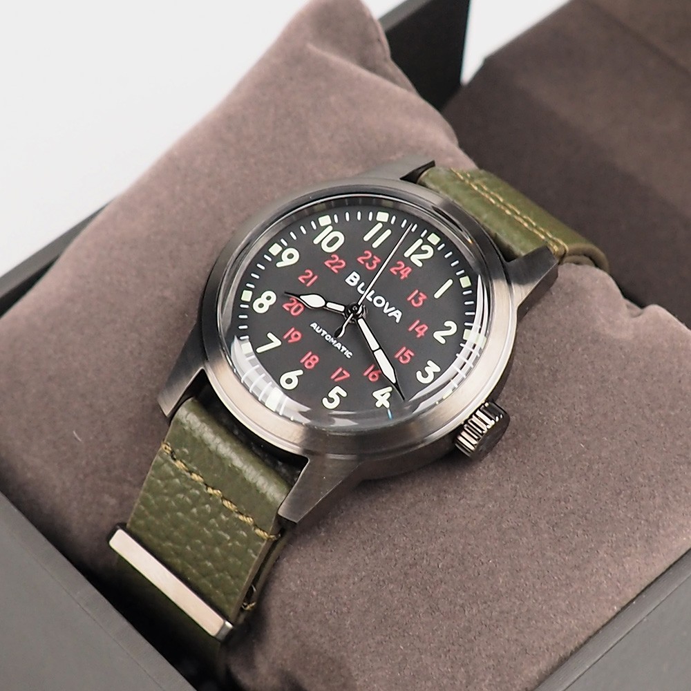Men’s Bulova Military Hack Black Dial Green Leather Strap Automatic Watch 98A255