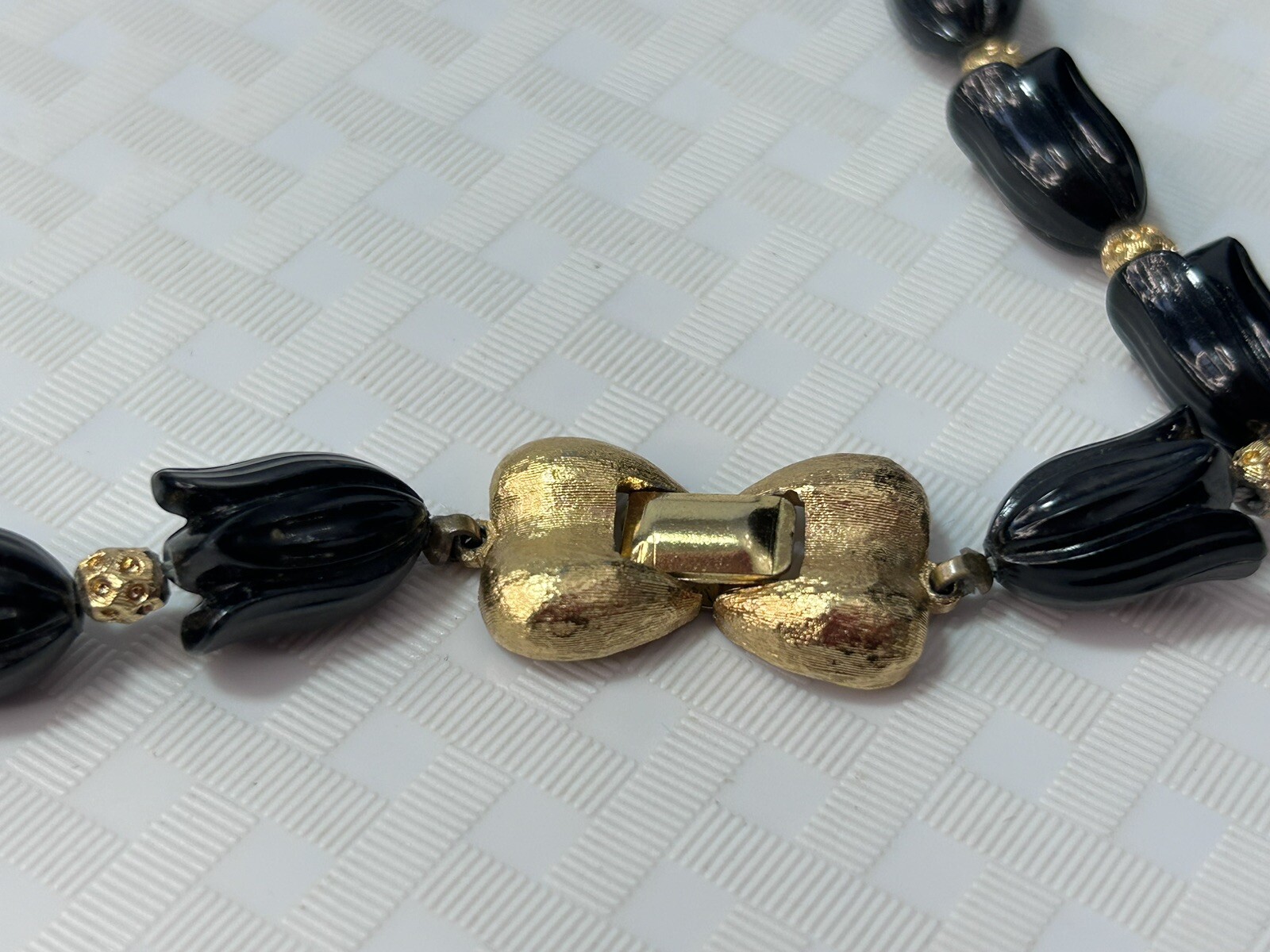 Vintage Black Tulip Shaped & Gold Bead Granny MCM Special Occasion Necklace