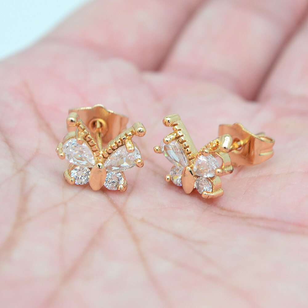 18K Yellow Gold Filled Women Multicolor Topaz Cute Butterfly Stud Earrings