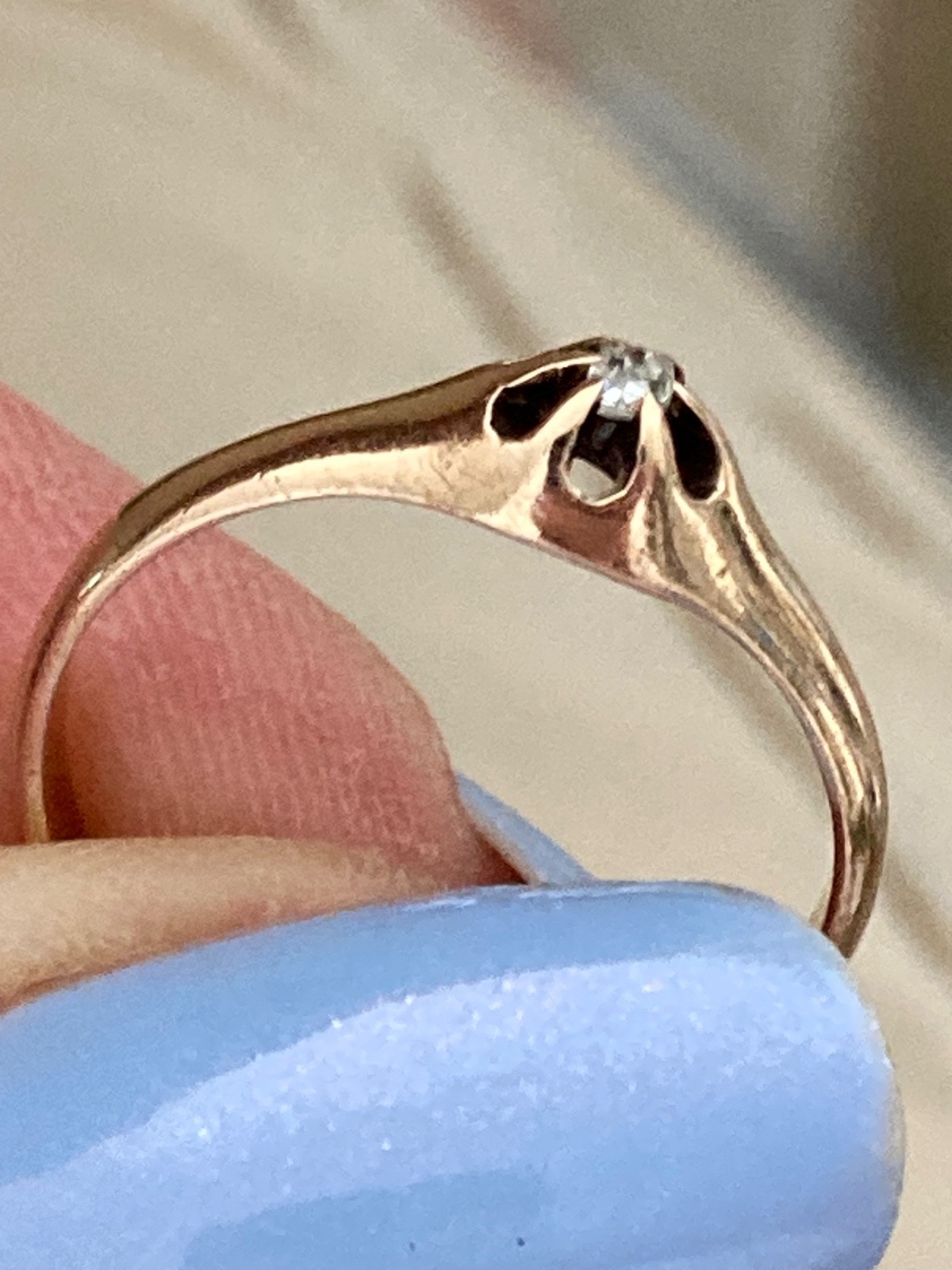 Antique Belcher 10K Rose Gold Old Mine Cut Diamond RING, Size 6.5, 1.6 Grams