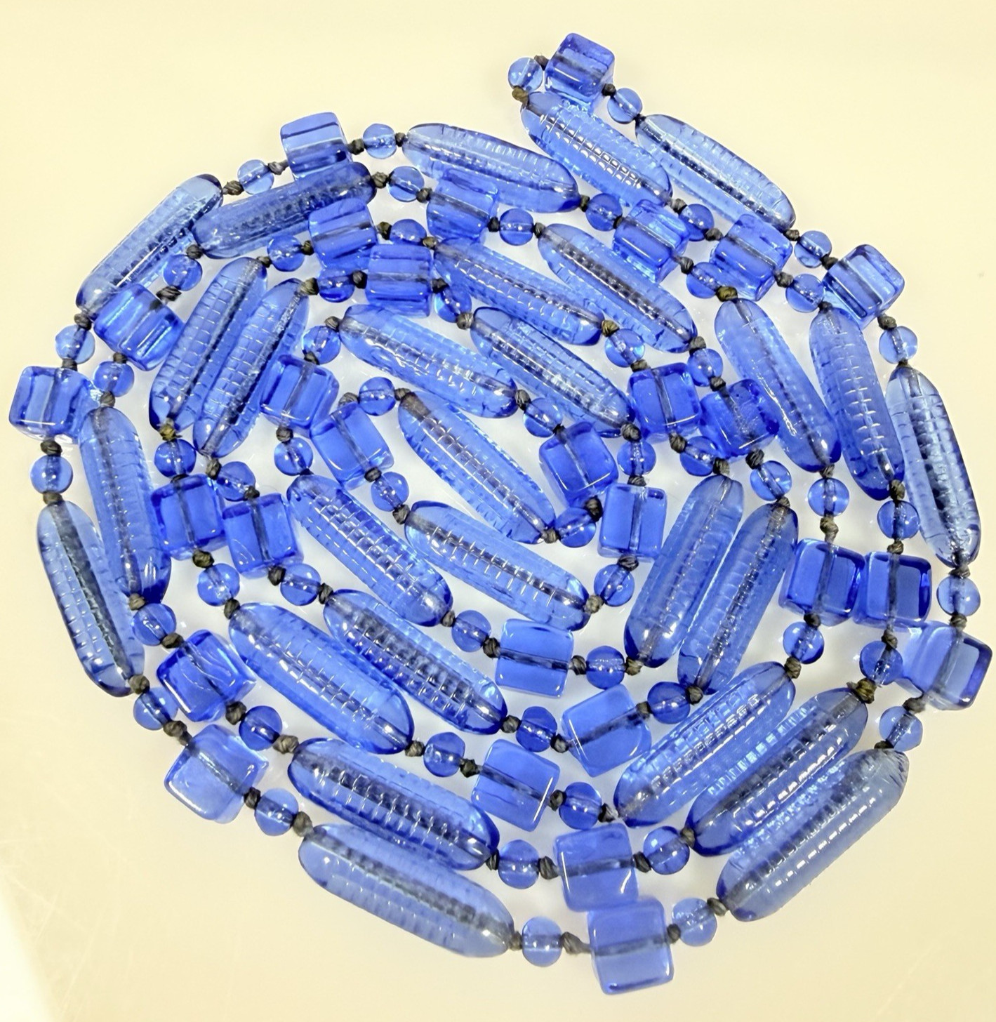 Antique Art Deco Necklace Cobal Blue Tubular Czech Glass Beaded 58″