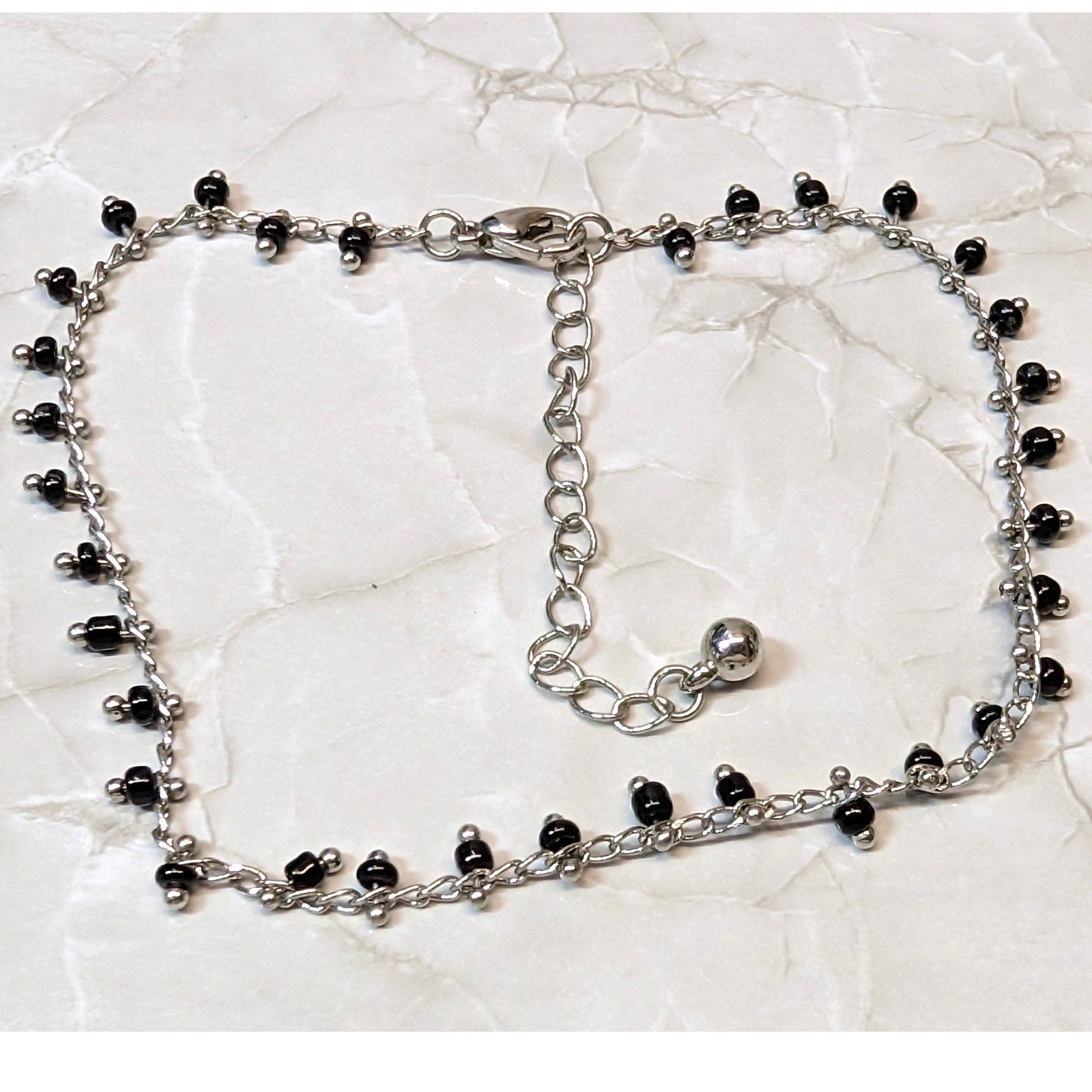 Vintage Beaded Chain Anklet Bracelet Up to 10″ Silver Tone Black Boho Dainty