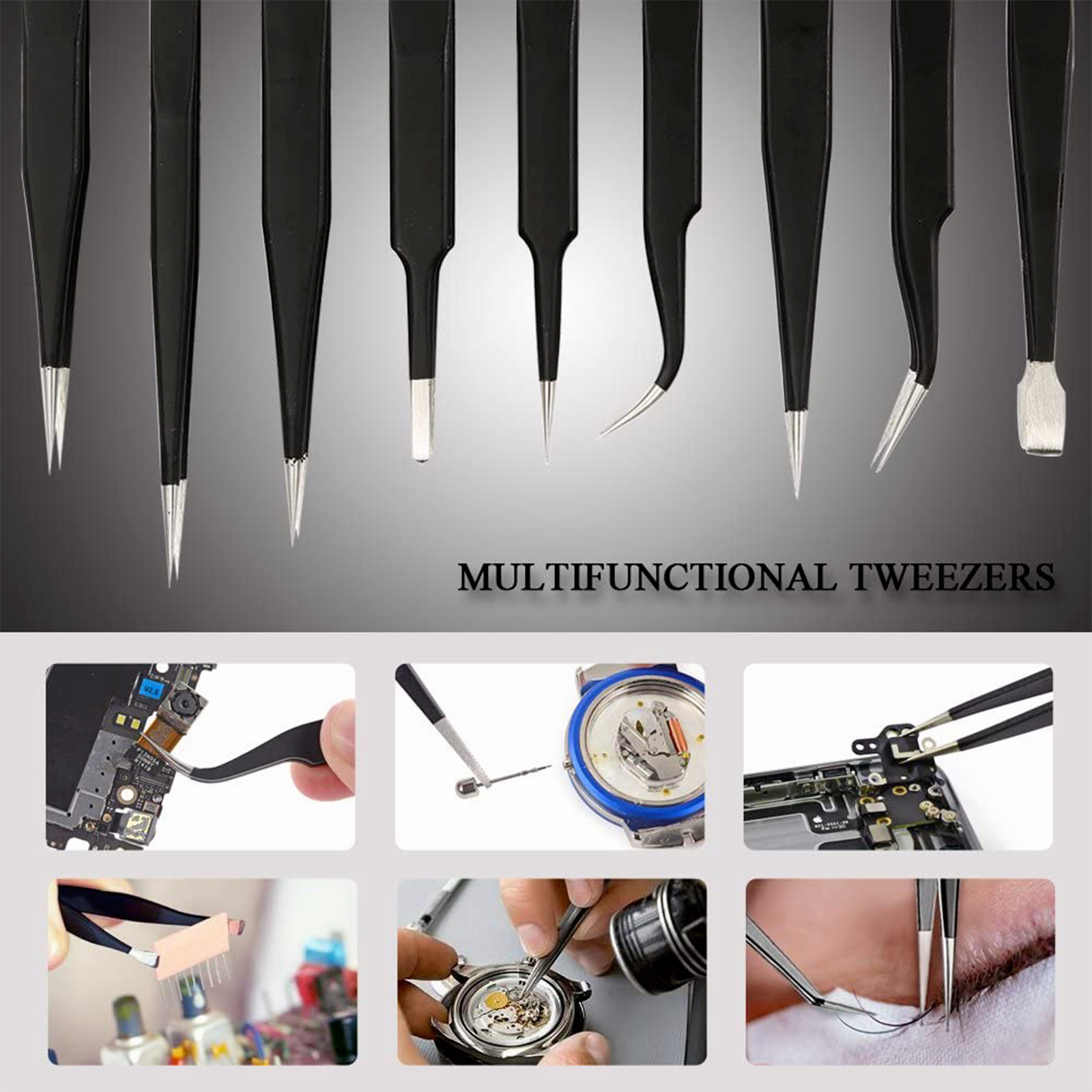 10 Pcs Precision ESD Anti-Static Repair Stainless Steel Tweezers Set Kit Tools