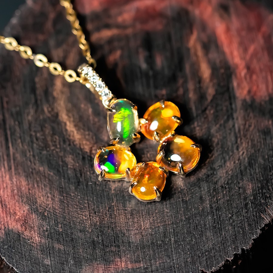 Flower Design Mexican Fire Opal Diamond Pendant Necklace 14k Yellow Gold