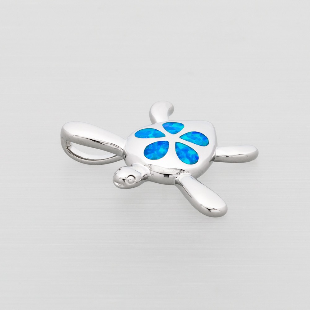 Green Sea Turtle Plumeria Ocean Blue Fire Opal Silver Jewelry Necklace Pendant