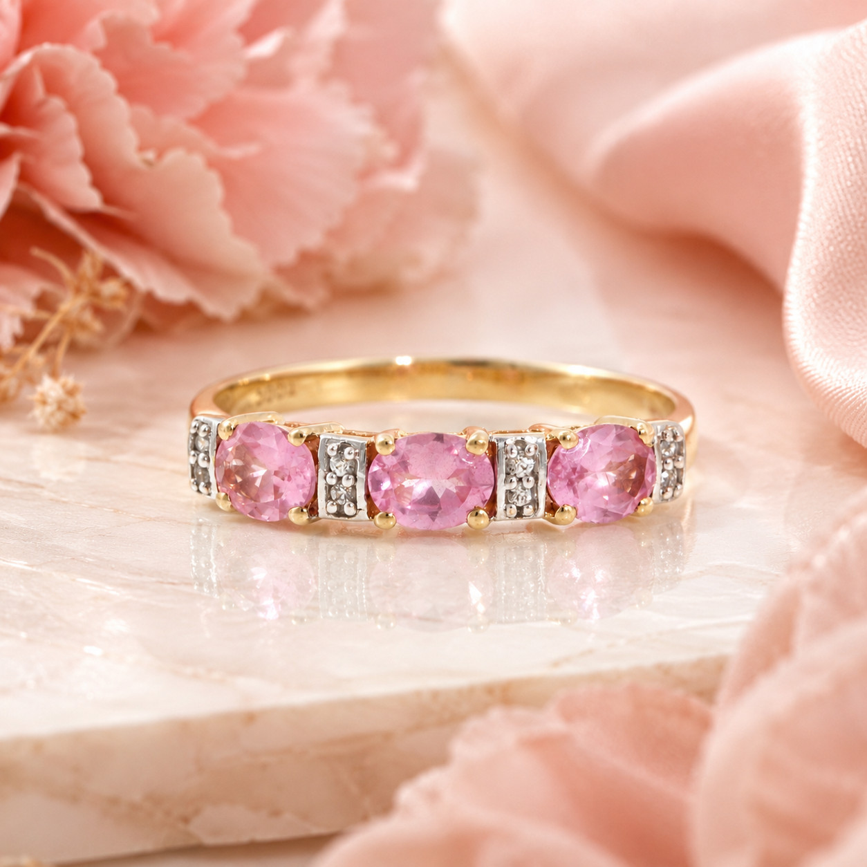 9Carat Yellow Gold Pink Topaz & White Topaz Eternity Ring (Size R 1/2) 4mm Wide