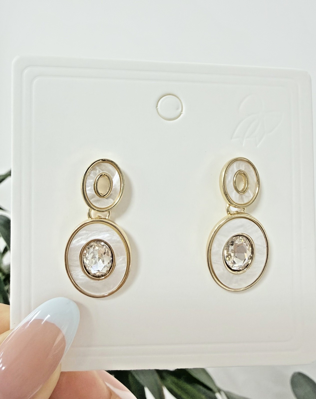 White Shell Oval Simulated Diamond Drop Earrings