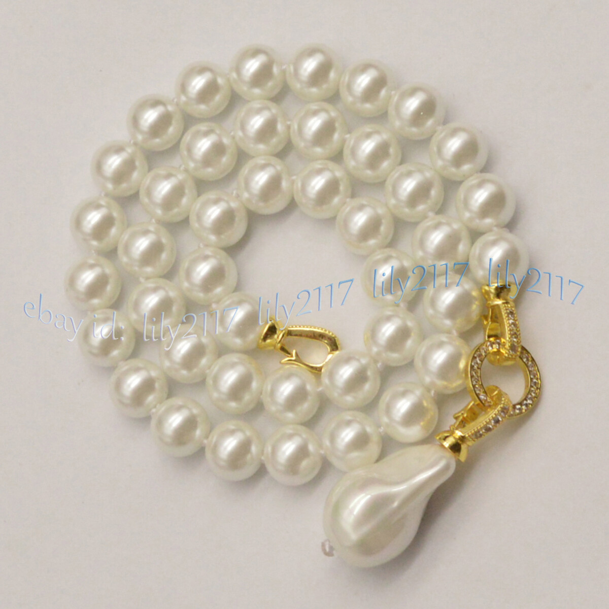 8/10/12/14mm White South Sea Shell Pearl Round Beads Baroque Pendant Necklace