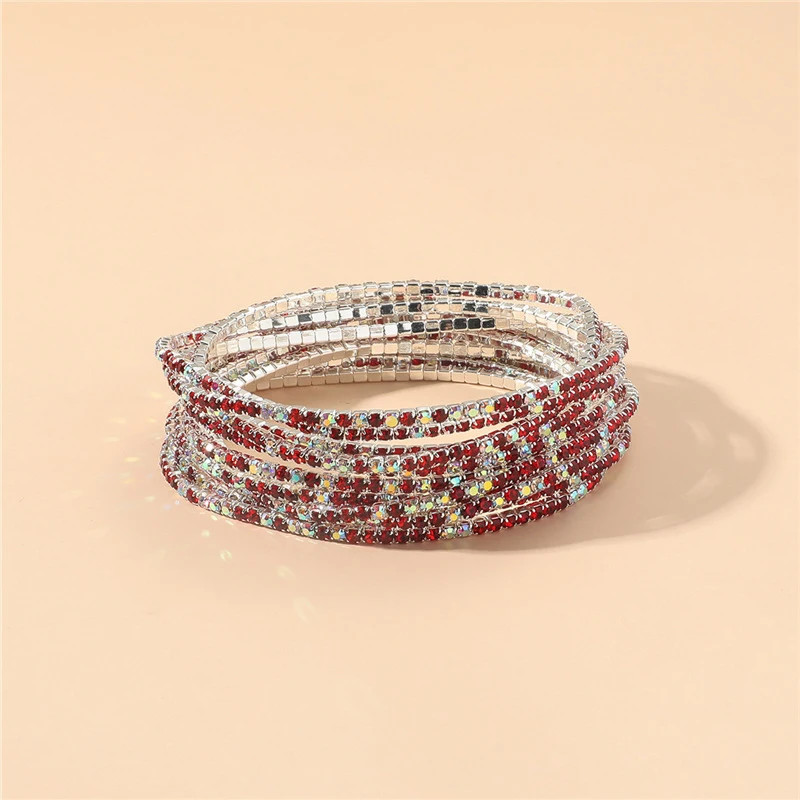 5 Pc Elastic Crystal Rhinestone Bracelet Women Gold Tone Round Chain Jewelry