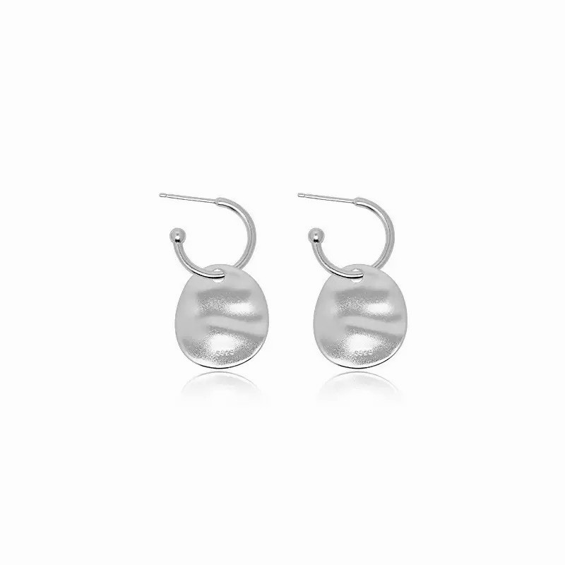 925 Silver Hammered Disc Drop Hoop Earrings Matte Round Hoop Earrings 362