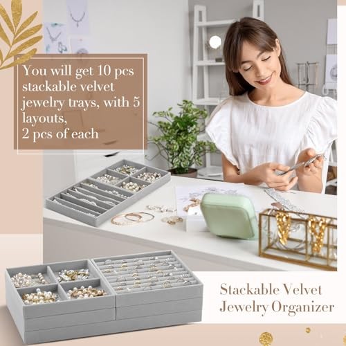 Cinnvoice Set of Stackable Jewelry Organizer Trays for Drawer 14 Inch 10 Gray