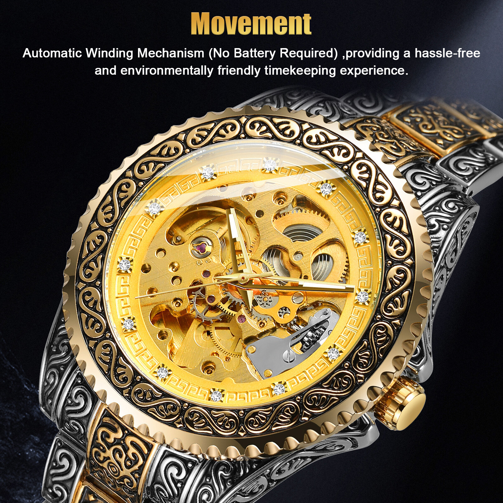 Luxury Men’s Stainless Steel Automatic Mechanical Wrist Watch Gold Tone Skeleton