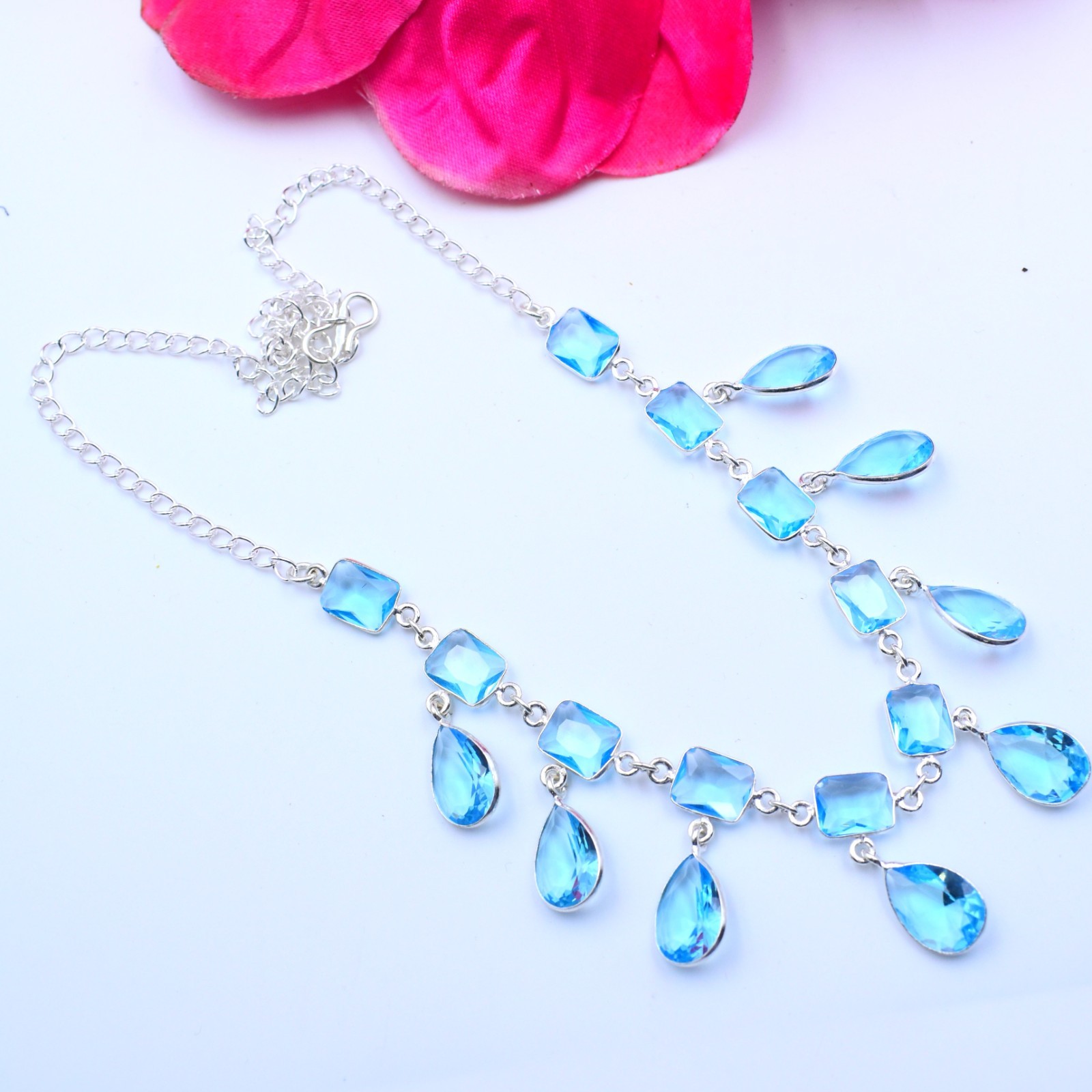 Swiss Blue Topaz Gemstone 925 Sterling Silver Jewelry Necklace Size-17-18″